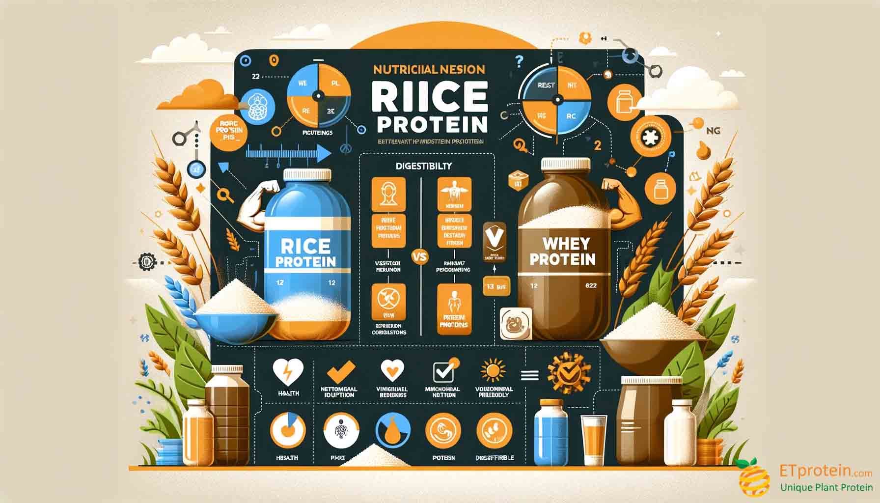 Rice Protein vs Whey Protein: A Comprehensive Comparison. Comprehensive comparison of rice and whey proteins, covering nutrition, health benefits, digestibility, dietary suitability, and environmental impact